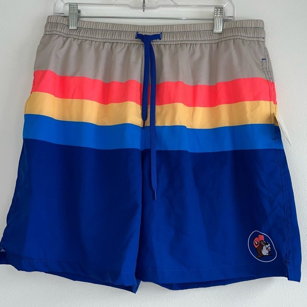 Buc-ees Classic Swim Trunks NWT Men’s Multi Stripe Pockets Drawstring Size 2XL